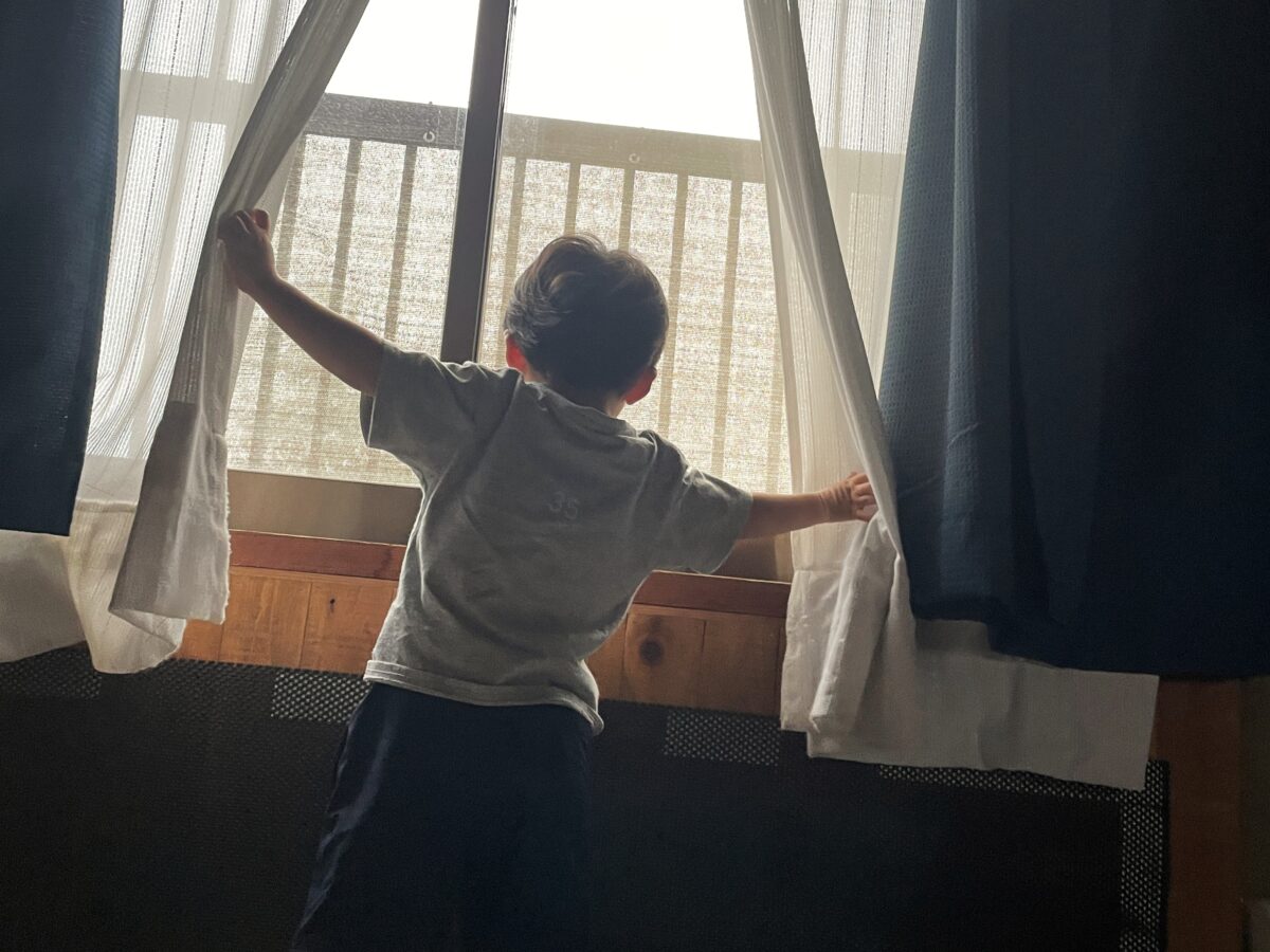 カーテンを両手で開ける男の子